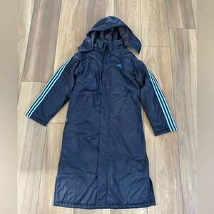 Adidas Dark Blue Hooded Soccer Long Coat with Teal Logo